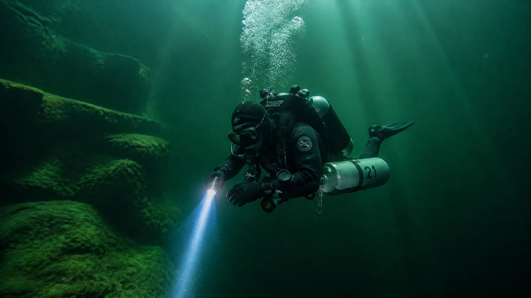 Taucher mit Lampe im grünen Wasser